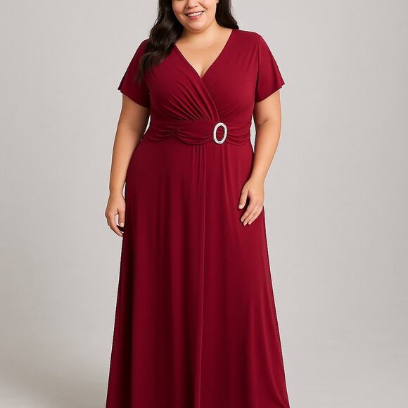 R&M Richards 16W Burgundy Maxi Evening Gown with Rhinestone Waist Detail - Picture 1 of 8